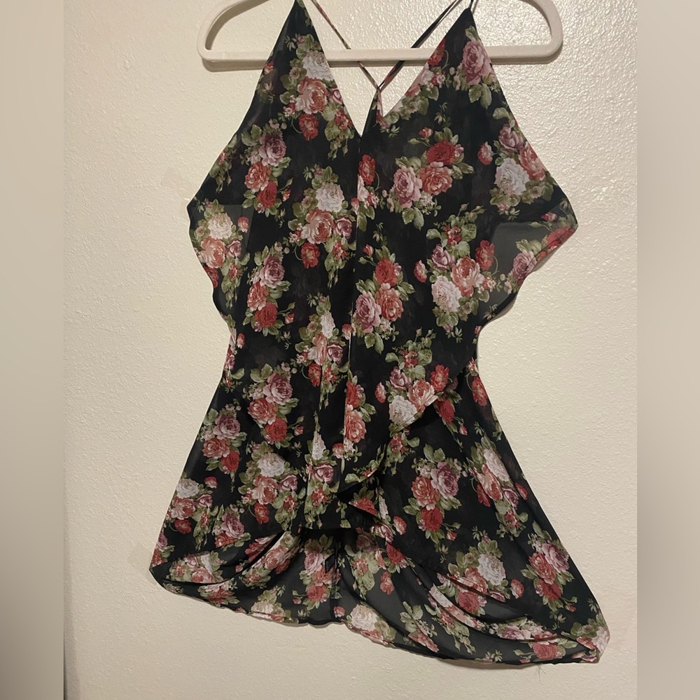 Semi Sheer Floral Asymmetrical Mini Dress Black Rose Print Strappy Small - Picture 7 of 7